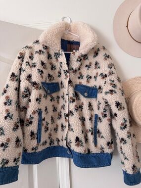 Blank NYC Ivory Sherpa Jacket with Blue Denim Trim